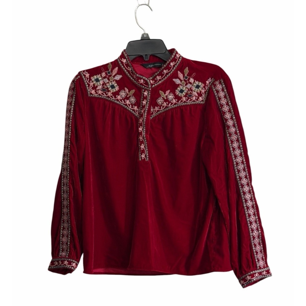 Zara Blouse Small Red Velvet Embroidered Folk Festival Boho Whimsigoth
